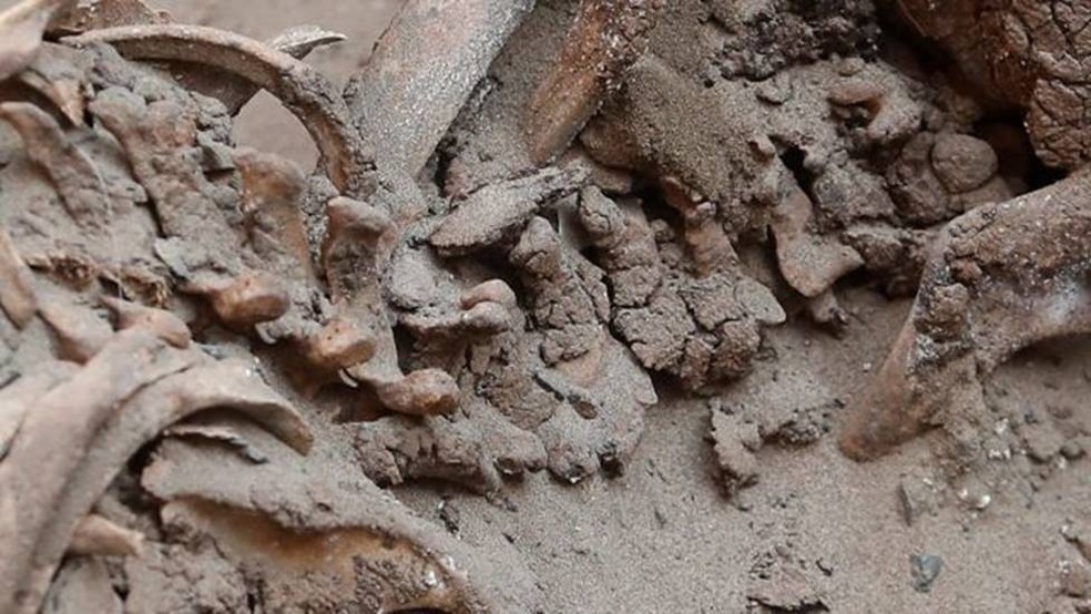 O grupo de arqueólogos que fez a descoberta acredita que filhos e servos sacrificados foram enterrados ao lado do ‘senhor das águas’ — Foto: EPA/via BBC