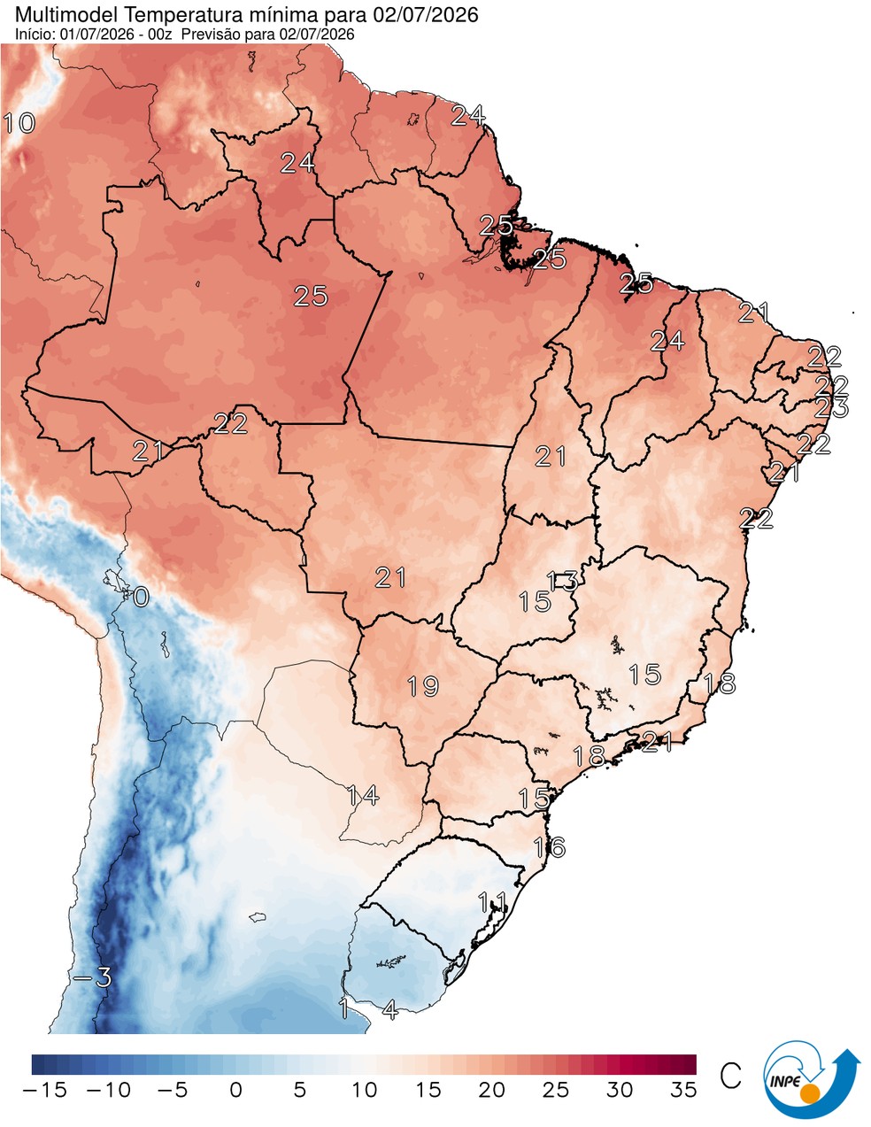 Temperaturas mínimas previstas para esta quinta em todo o Brasil. — Foto: CPTEC/Inpe