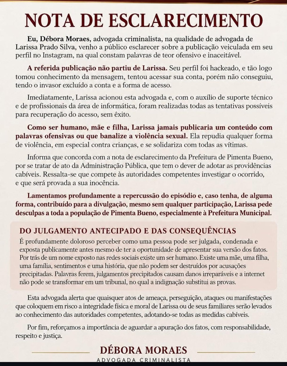 Nota da defesa de Larissa Prado — Foto: Reprodução/Redes Sociais
