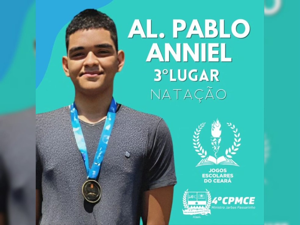 Pablo havia sido homenageado pela escola recentemente pela conquista do 3º lugar na natação nos Jogos Escolares do Ceará. — Foto: Reprodução