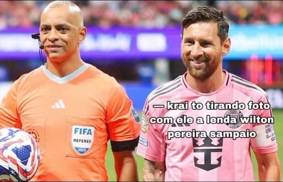 Meme Wilton Pereira Sampaio com Messi — Foto: Reprodução/ TV Anhanguera