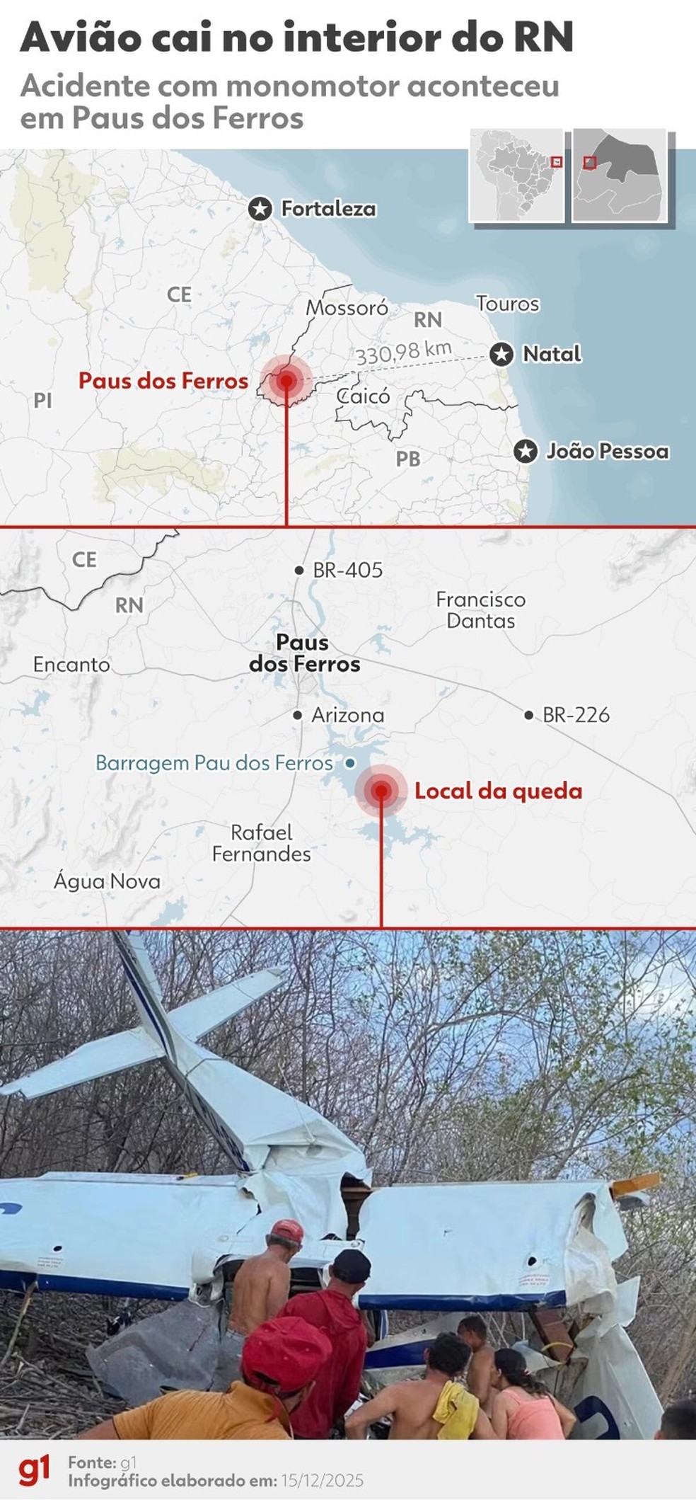 Local do acidente com monomotor em Pau dos Ferros, no RN — Foto: Arte: g1