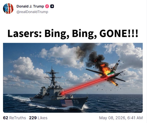 Trump zomba de ataque iraniano contra navios de guerra dos EUA com imagem de IA