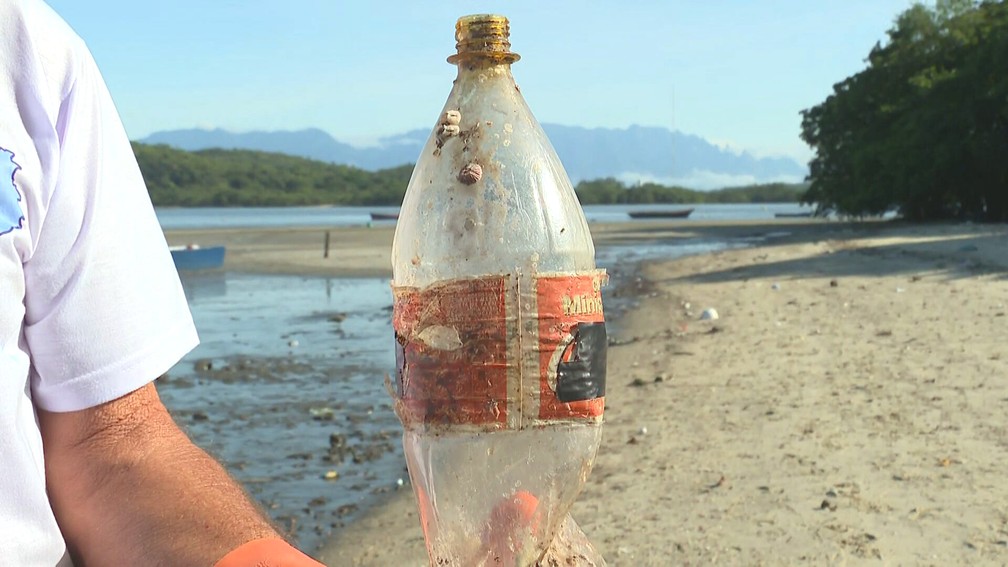 Garrafa PET de Coca-Cola de 1998 foi encontrada em ilha na Baía de Guanabara — Foto: Reprodução/TV Globo