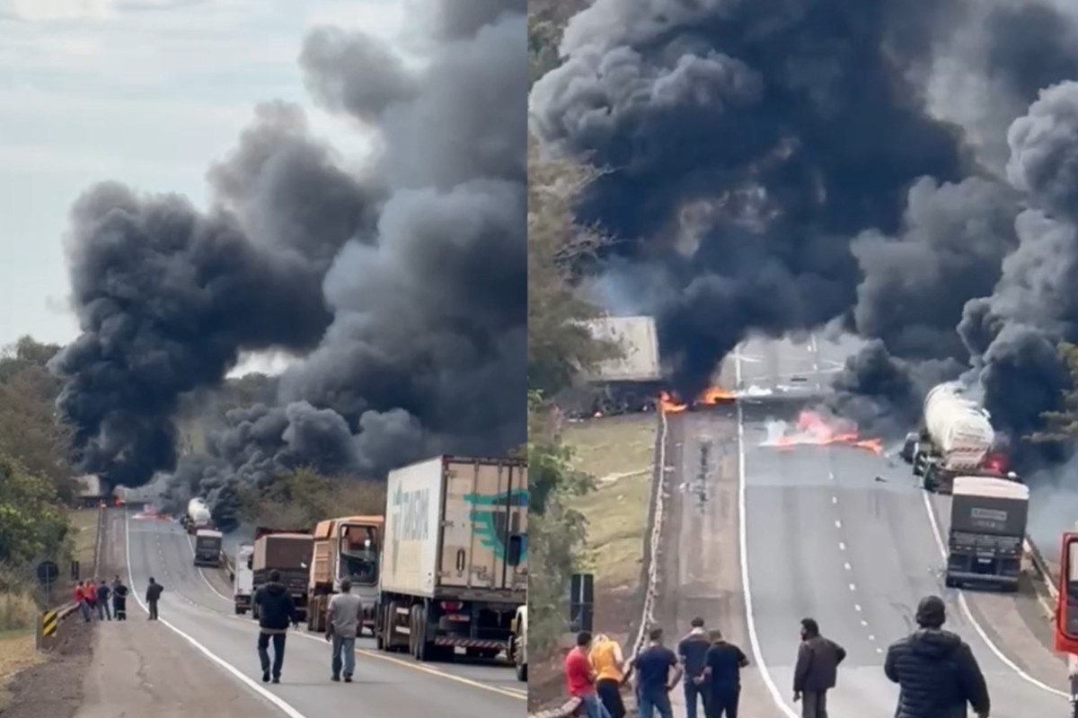 Vídeo mostra carretas em chamas após acidente e explosão na BR-163 em MS