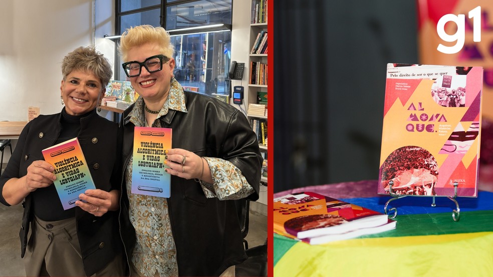 À esquerda, estão as autoras Bruna Irineu e Larissa Pelúcio, do livro Violência Algorítmica e Vidas LGBT+. À direita, aparece a obra Almanaque de Memória LGBT+ de Mato Grosso, de Bruna Irineu e Marcos Salesse. — Foto: Reprodução- Bruna Irineu