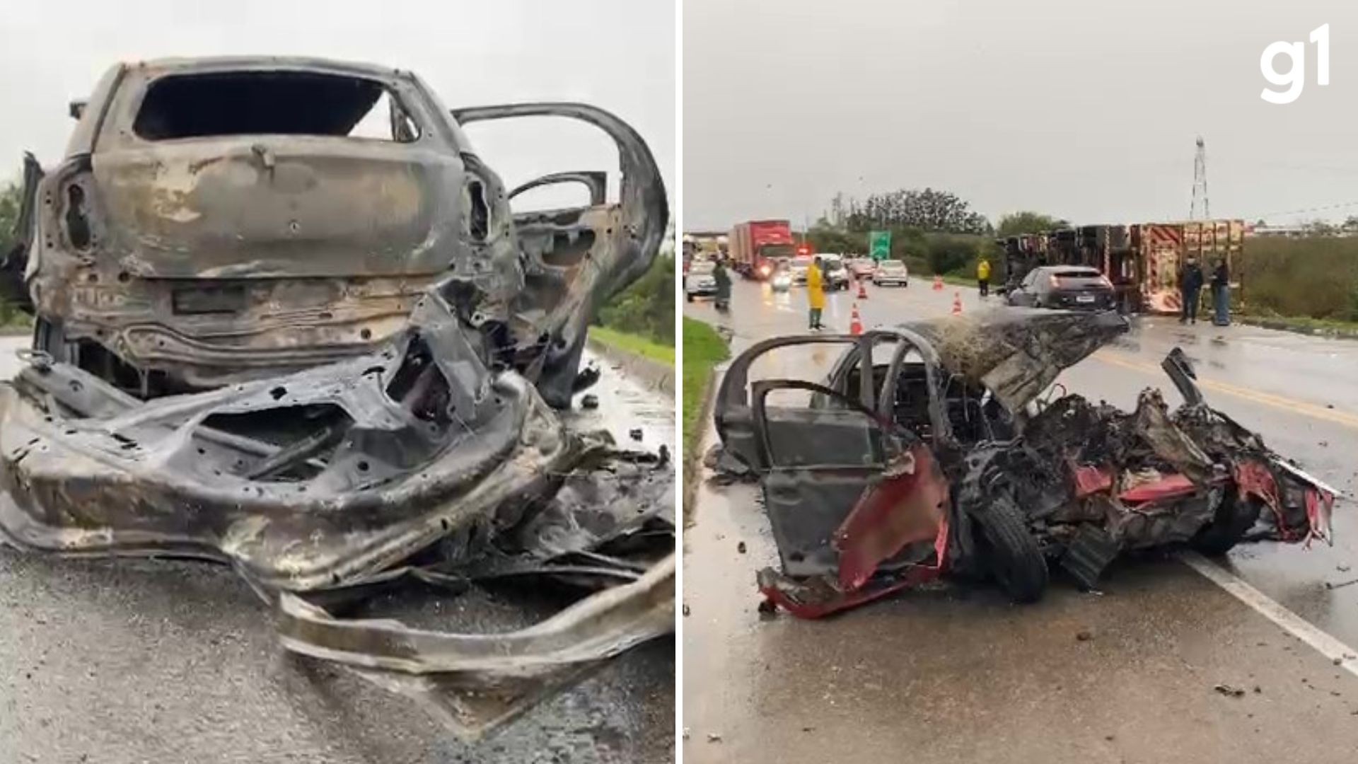 Colisão frontal com carreta termina com carro incendiado e homem morto no RS