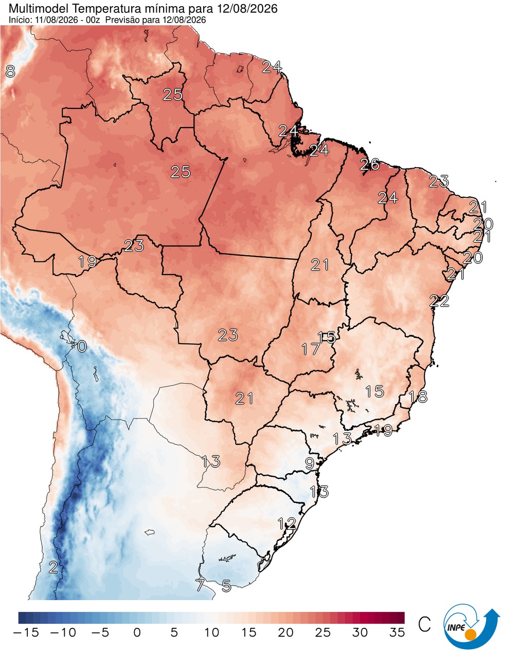 Temperaturas mínimas previstas para esta quarta em todo o Brasil. — Foto: CPTEC/Inpe
