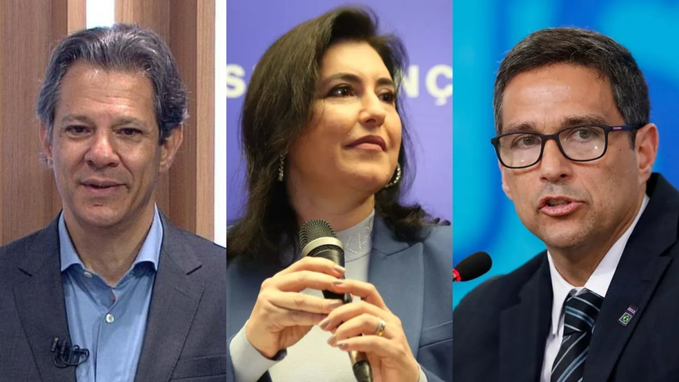 Montagem com fotos do ministro da Fazenda, Fernando Haddad; da ministra do Planejamento e Orçamento, Simone Tebet; e do presidente do Banco Central, Roberto Campos Neto — Foto: TV Globo/Reprodução, Fátima Meira/Futura Press/Estadão Conteúdo e Alan Santos/PR