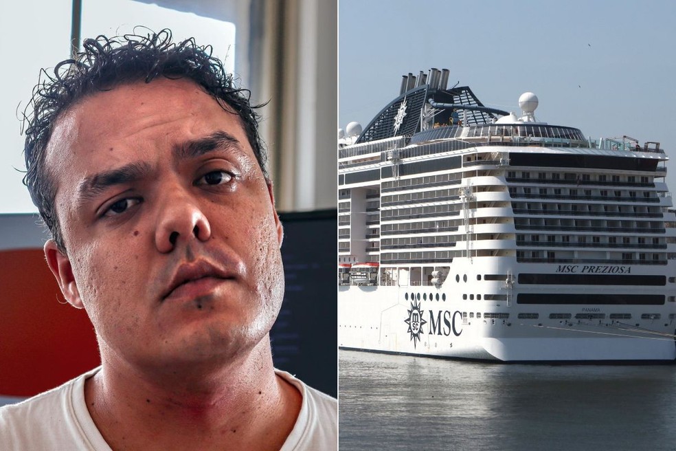 Carlos Alberto saltou do navio MSC Preziosa durante a madrugada deste sábado (30) — Foto: Reprodução e Sílvio Luiz/A Tribuna Jornal
