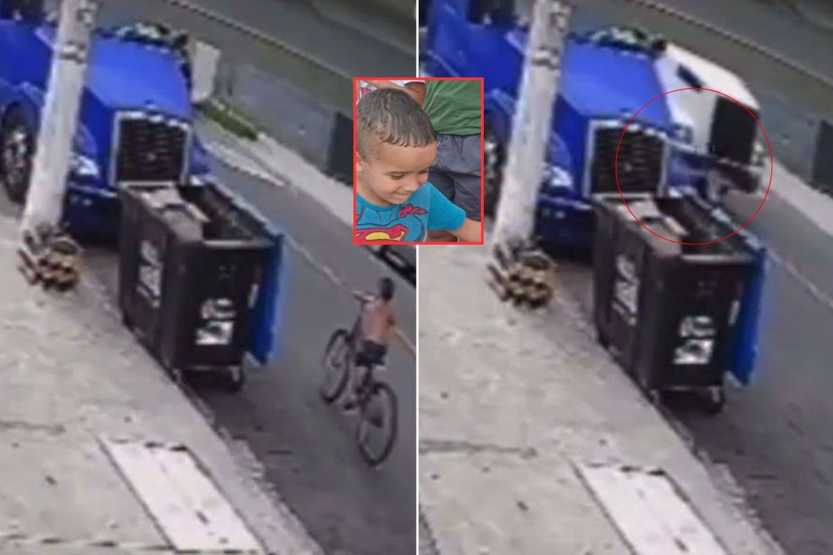 Vídeo mostra menino passando de bicicleta entre caminhões antes de ser atropelado e morrer no litoral de SP