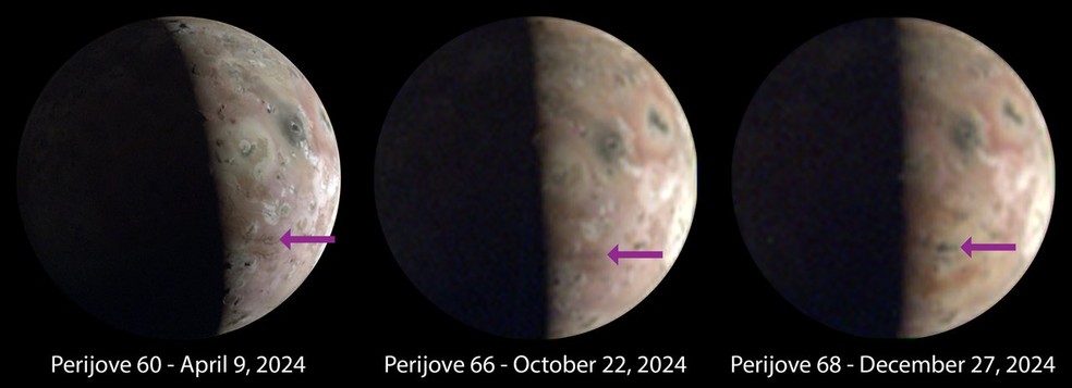 Imagens de Io, feitas em 2024 pela JunoCam da Nasa, mostram mudanças na superfície perto do polo sul da lua. Essas alterações ocorreram entre o 66º e 68º perijove, quando a Juno estava mais próxima de Júpiter. — Foto: NASA/JPL-Caltech/SwRI/MSSS Image processing by Jason Perry
