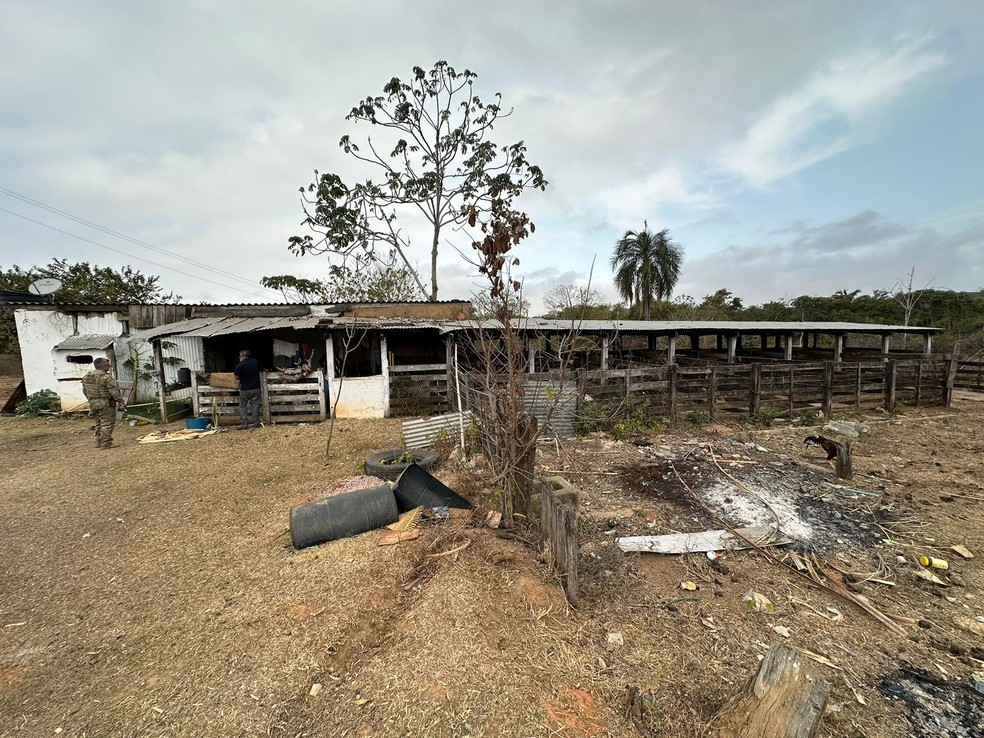 Idoso de 61 anos, a esposa e o filho resgatados residiam em um barraco ao lado de um chiqueiro, em Chapada dos Guimarães — Foto: Superintendência Regional do Trabalho