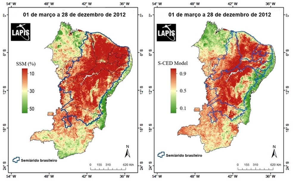 À esquerda: imagem do que aconteceu em 2012. À direita: o que a inteligência artificial detectou com os dados fornecidos. — Foto: LAPIS/Divulgação