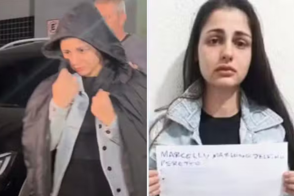 Marcelly Peretto foi presa suspeita de envolvimento na morte do irmão em Praia Grande (SP) — Foto: Yasmin Braga/TV Tribuna e Reprodução