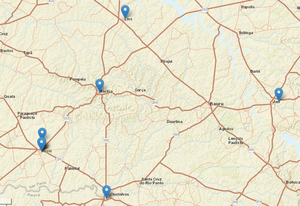Mapa do Centro de Sismologia da USP mostra relatos de tremores reportados no centro-oeste paulista — Foto: Centro de Sismologia/USP