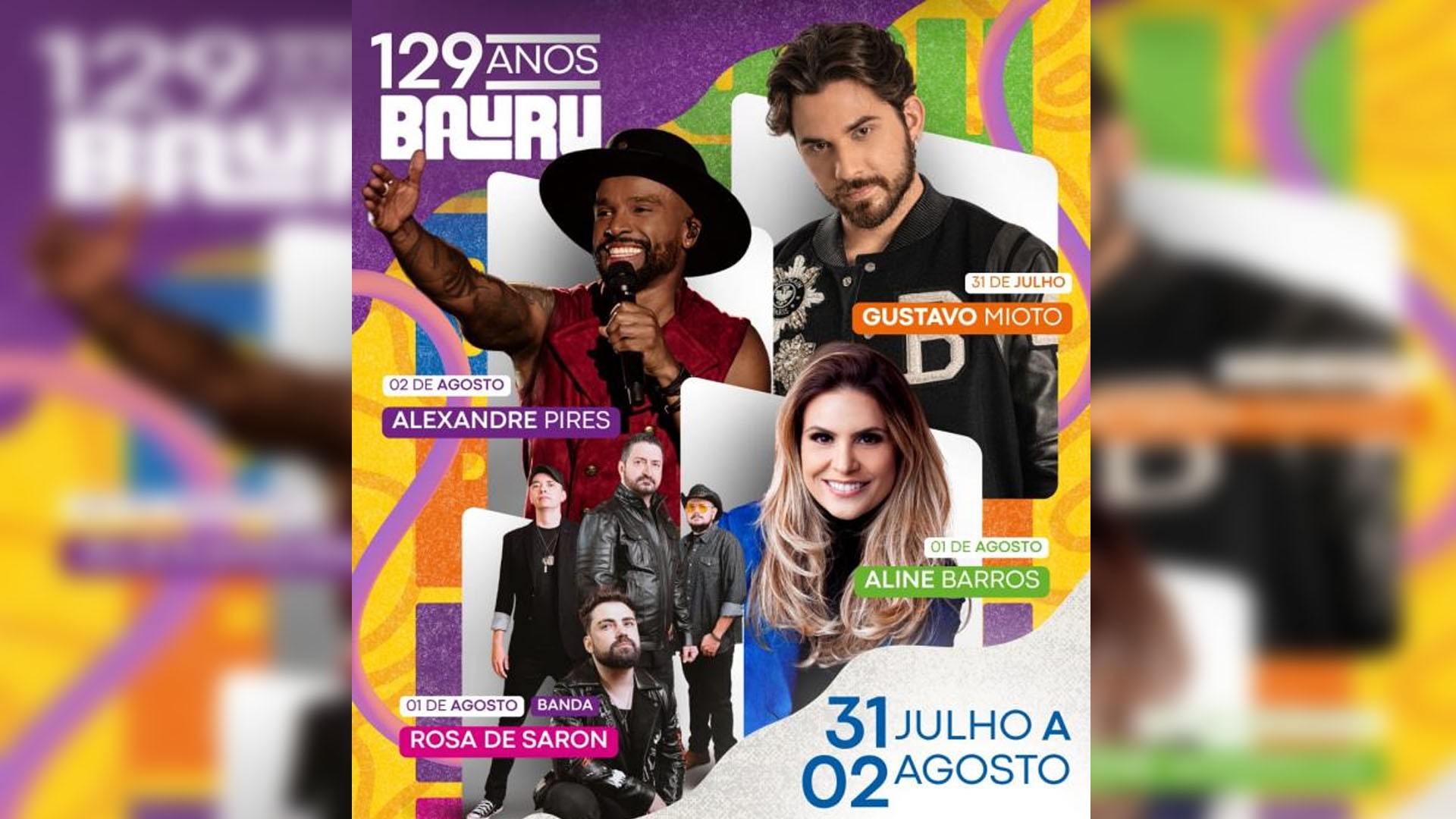Gustavo Mioto, Alexandre Pires e Aline Barros cantam na festa de 129 anos de Bauru