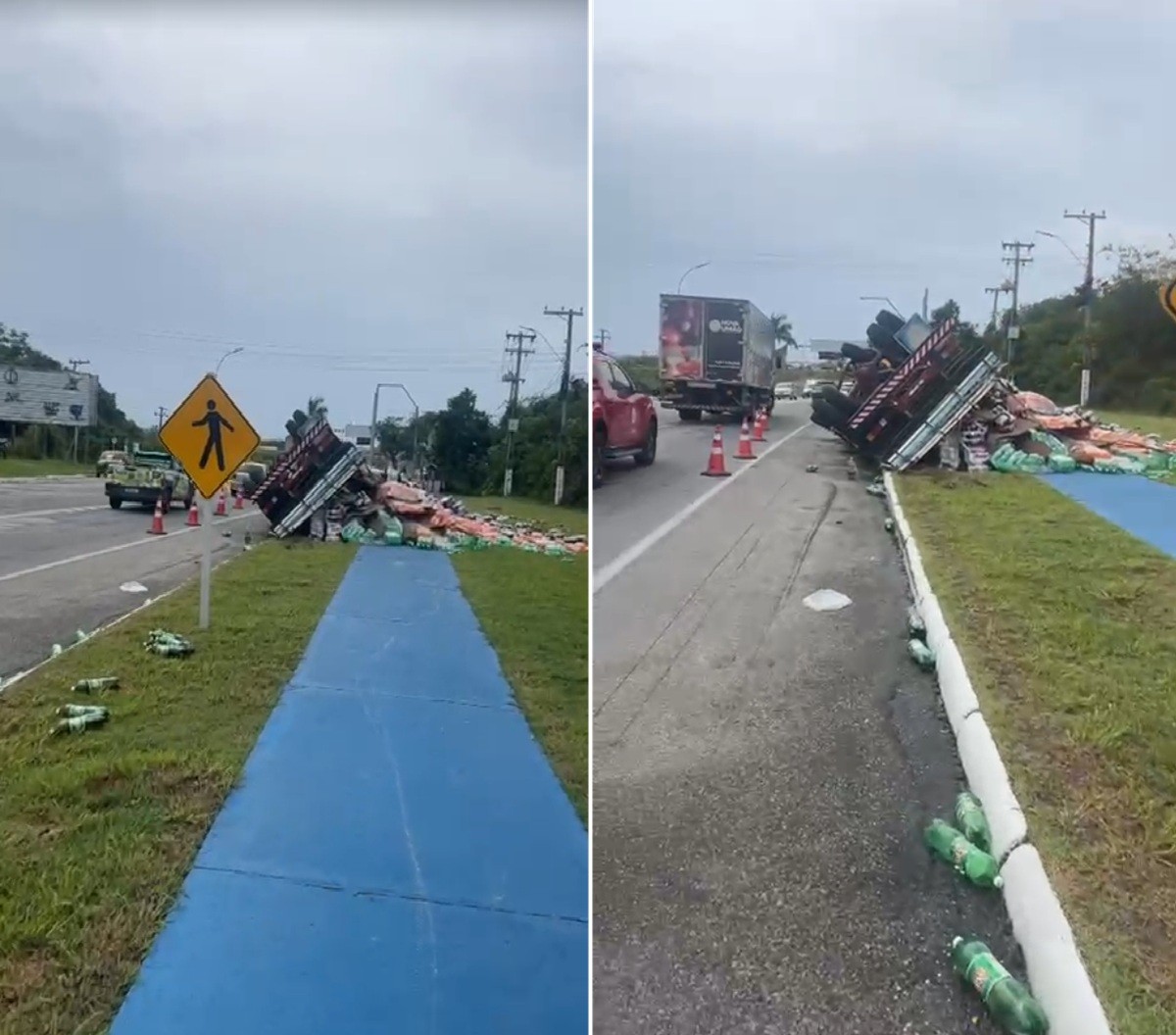 Caminhão com carga de refrigerantes tomba na RJ‑106 e deixa um ferido em Iguaba Grande