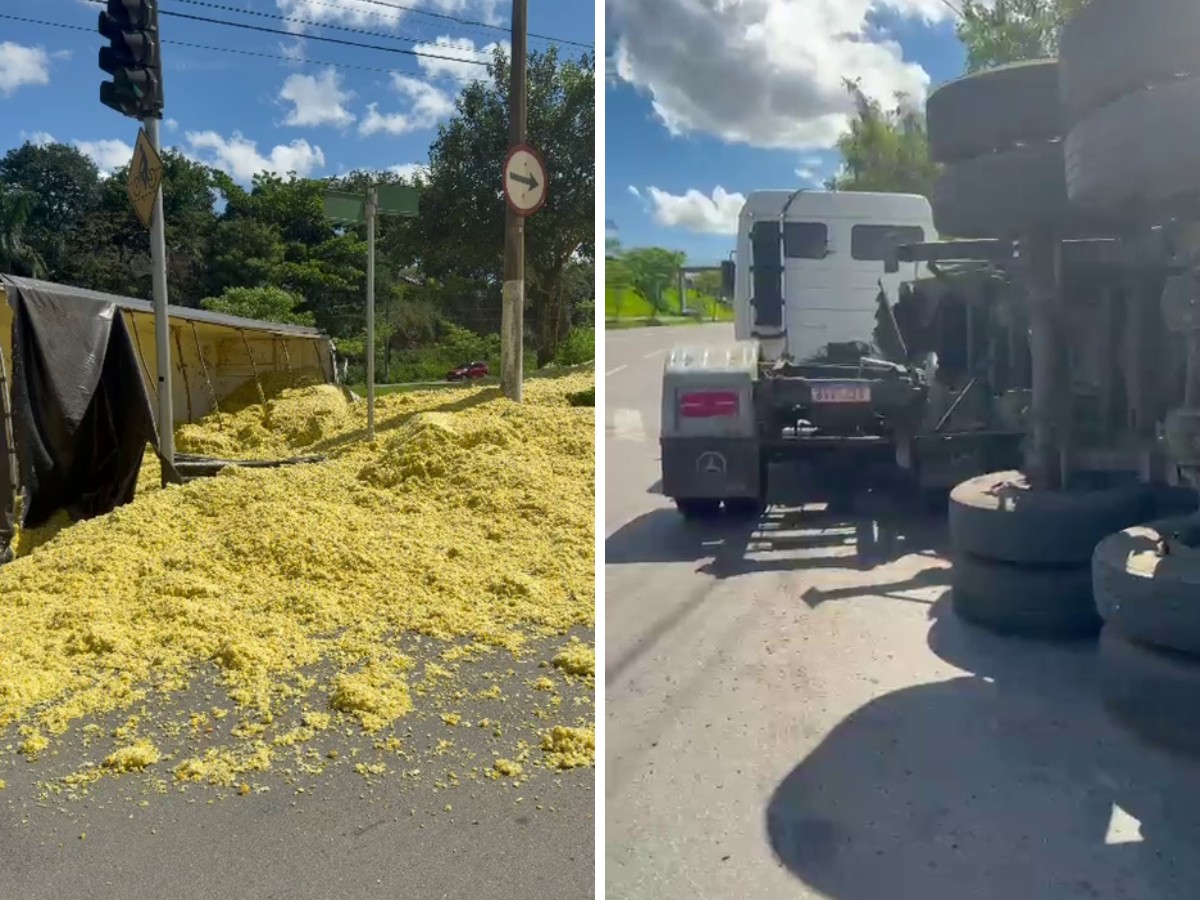 VÍDEO: carreta carregada com bagaço de laranja tomba em rotatória de Limeira