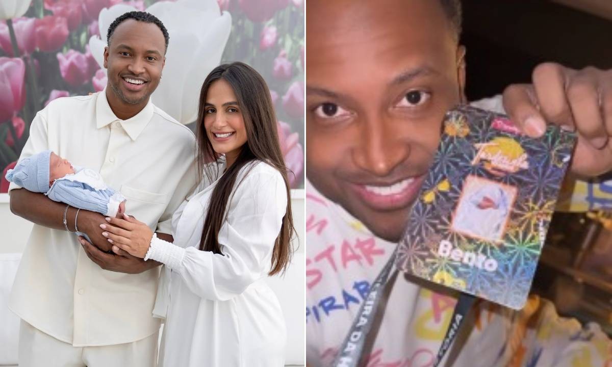 Carol Peixinho e Thiaguinho vibram com primeiro crachá de Bento para bastidores de show do pai