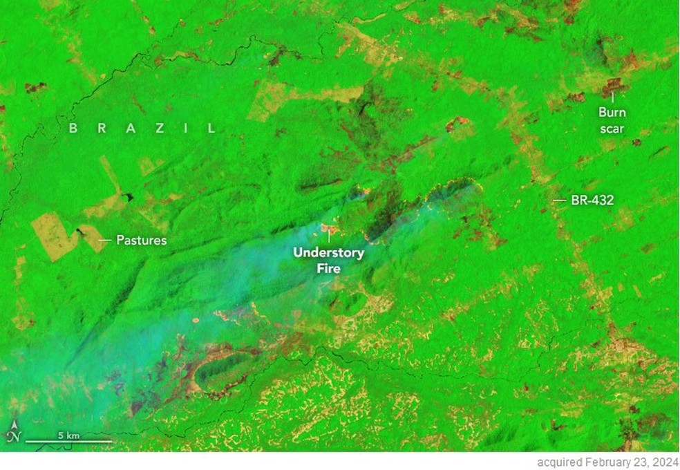 Mapa mostra incêndio em Caracaraí — Foto: Nasa/Divulgação