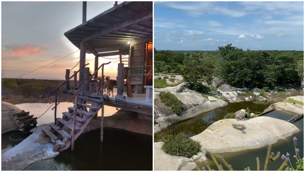 Na quadra chuvosa, casa de Ricardo fica cercada de piscinas naturais formadas pela água da chuva acumulada nas pedras — Foto: Arquivo pessoal/Ricardo Sérgio