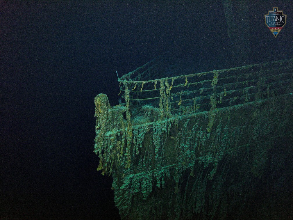 Imagem em alta definição mostra detalhes do navio Titanic, que naufragou em 1912 no Oceano Atlântico — Foto: OceanGate Expeditions/Divulgação