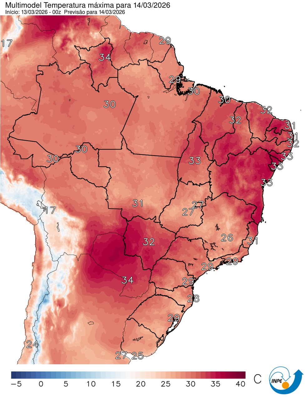 Mapa mostra previsão de temperatura máxima para este sábado (14). — Foto: CPTEC/Inpe