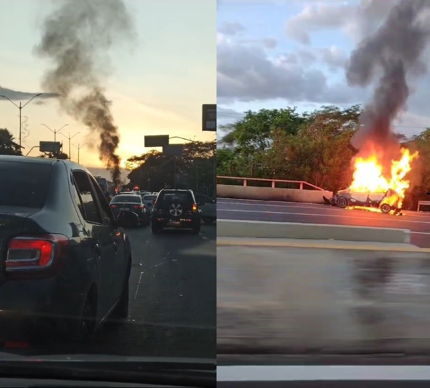 Carro pega fogo sobre a ponte Juscelino Kubitschek na Zona Leste de Teresina