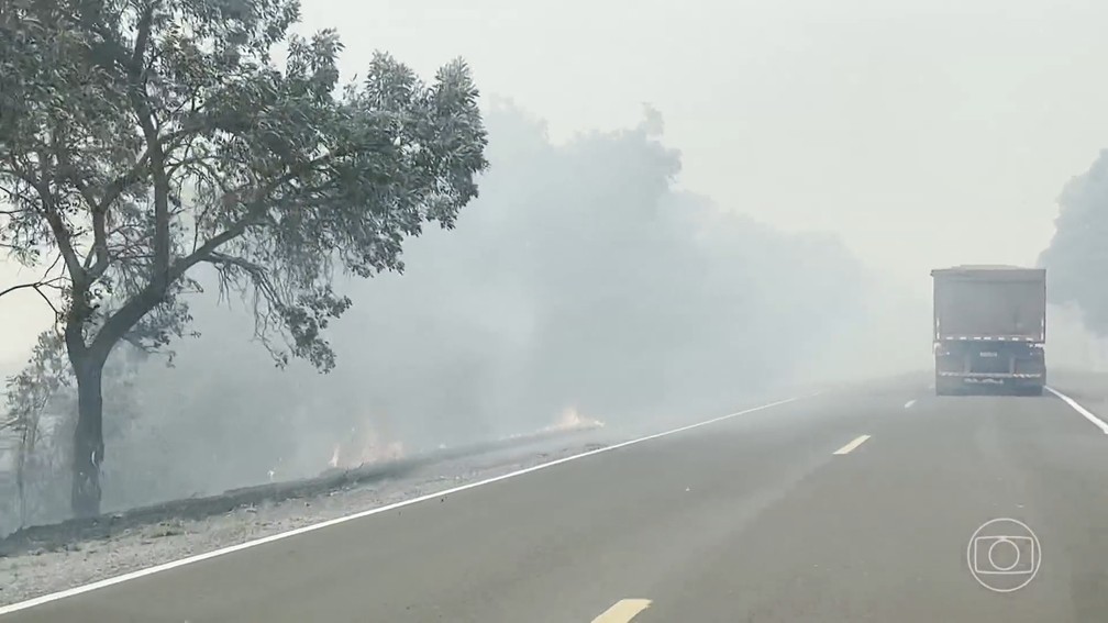 Focos de incêndio na beira da estrada em MS e fumaça densa — Foto: JN