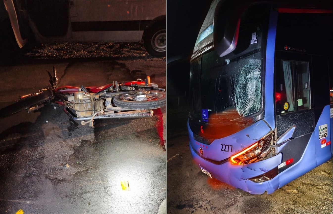 Homem morre e outro fica ferido após ônibus e motocicleta baterem de frente na rodovia RN-117