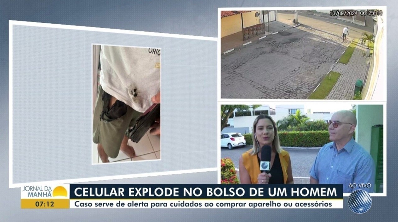 Celular explode no bolso de homem na Bahia; câmera de segurança registrou momento em que aparelho pegou fogo