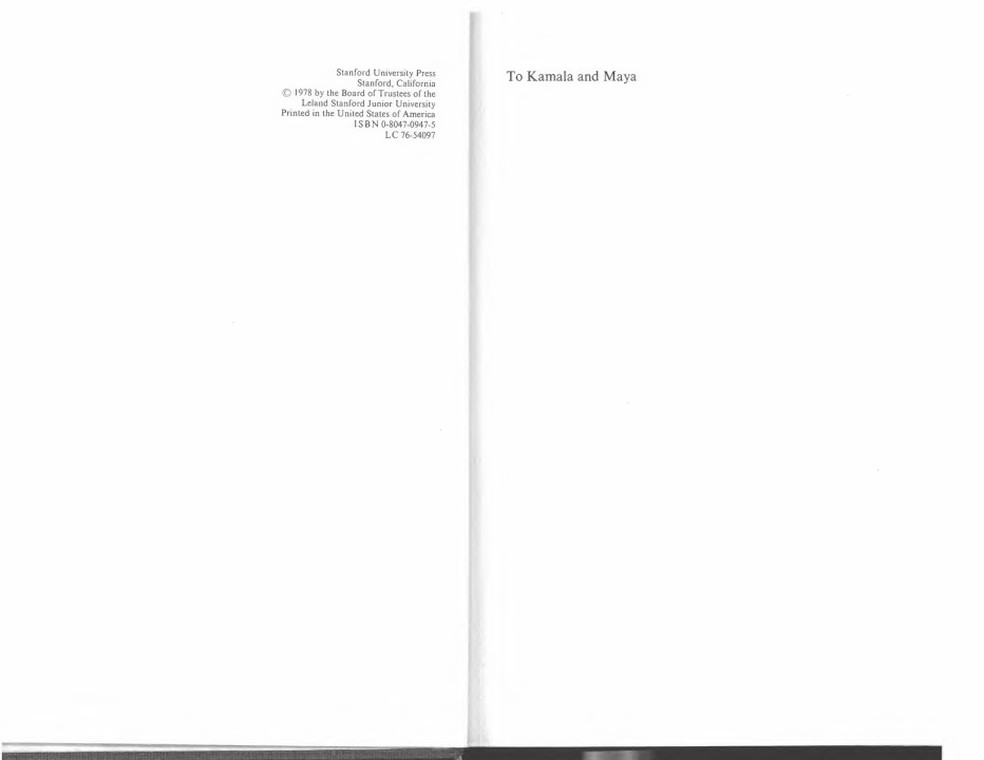 Dedicatória de um dos livros mais famosos de Donald J. Harris para Kamala Harris e sua irmã, Maya. — Foto: Reprodução/Universidade de Stanford