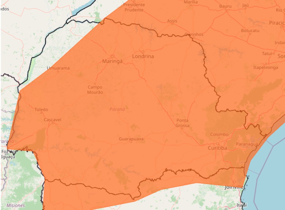 Paraná está com 380 cidades em alerta laranja para temporais. — Foto: Reprodução/Inmet
