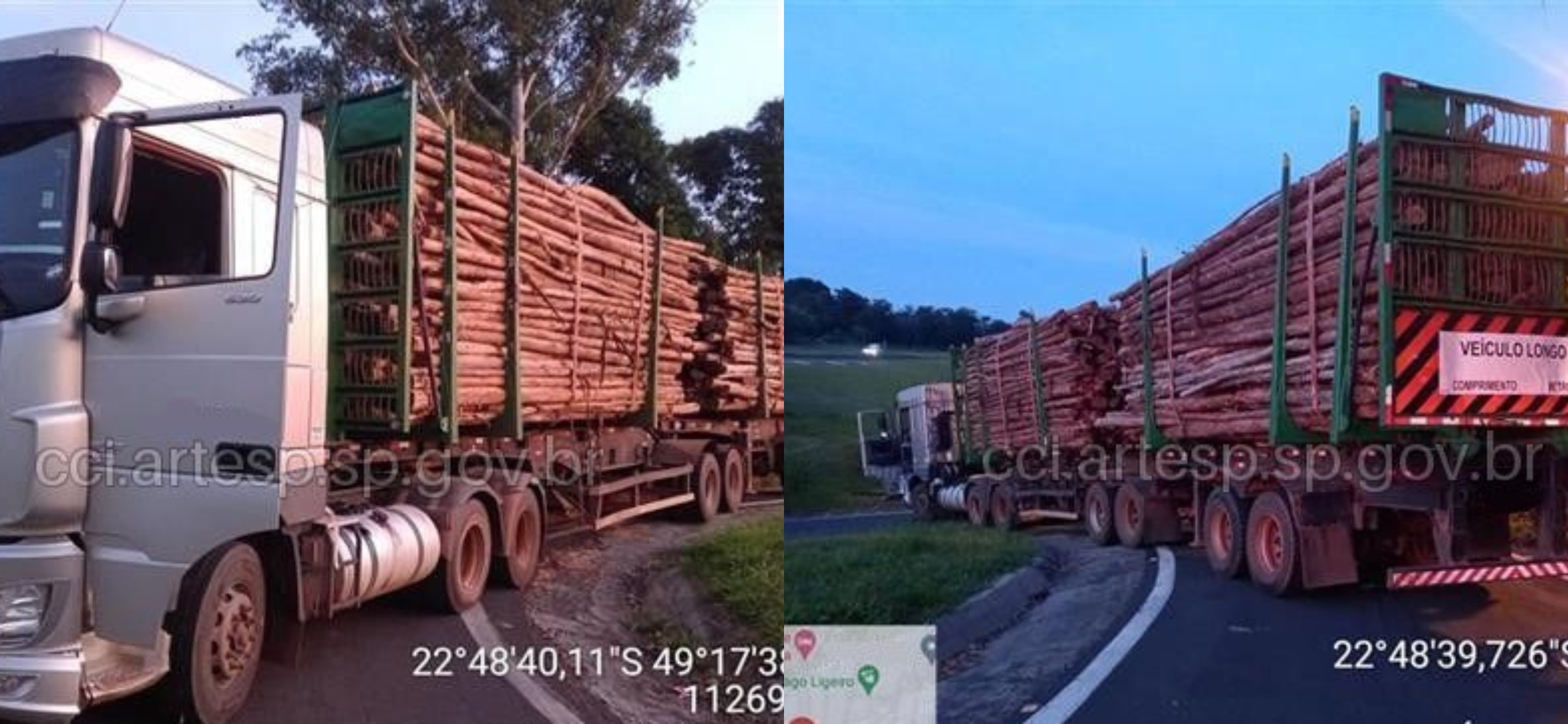 Carreta carregada com madeira fica 'travada' em alça de acesso de viaduto em Águas de Santa Bárbara