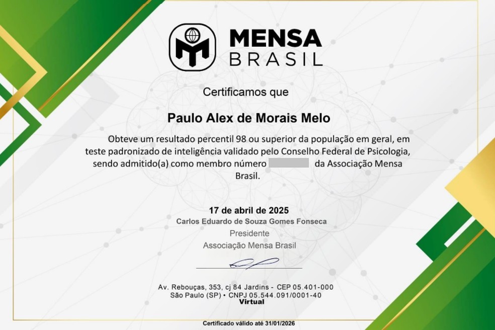 Paulo foi aceito por seu QI de 132 — Foto: Arquivo pessoal