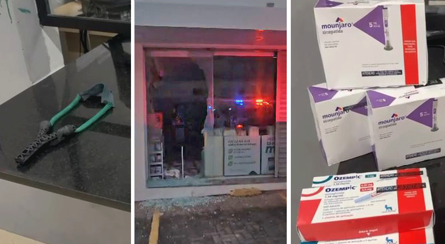 VÍDEO: Ladrões com estilingue quebram vidro de farmácia e furtam remédios para emagrecer 
