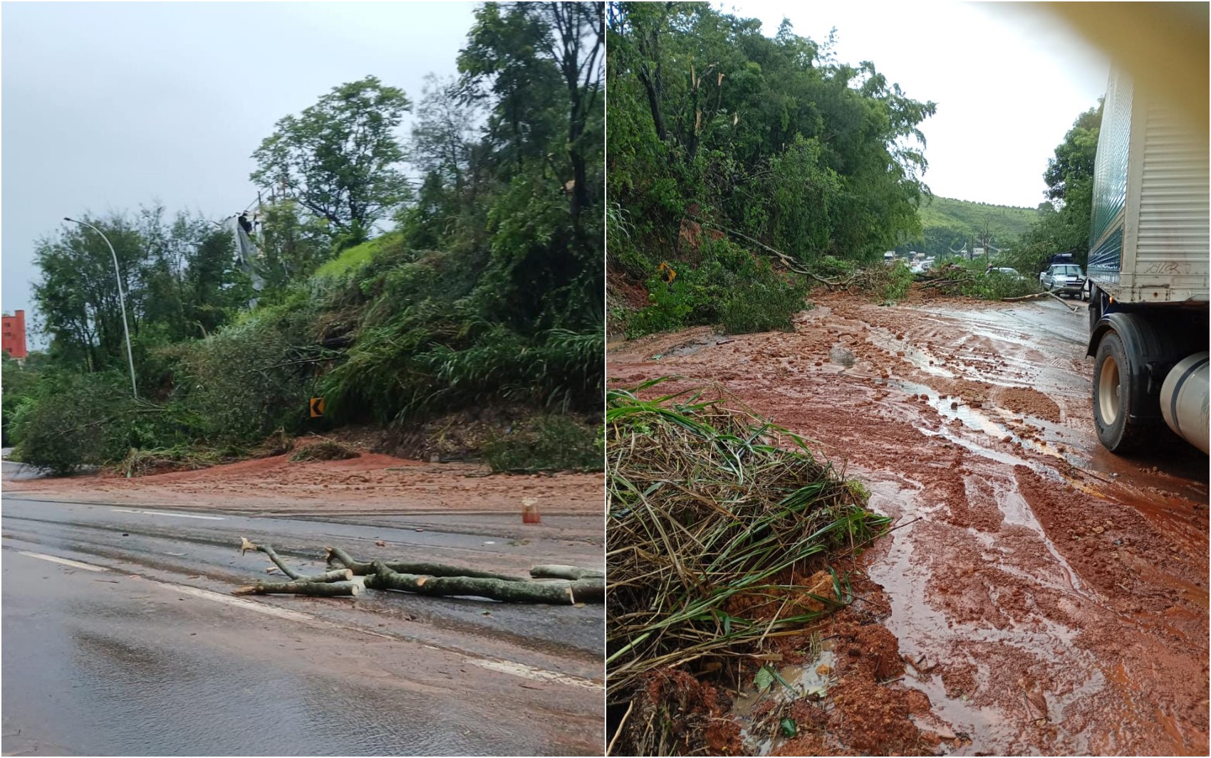 Chuva provoca deslizamento de terra e derruba árvores na MGC-491, em Varginha, MG