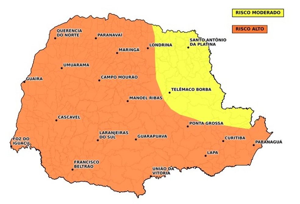 Alerta para quinta-feira (29) — Foto: Reprodução/Defesa Civil e Simepar