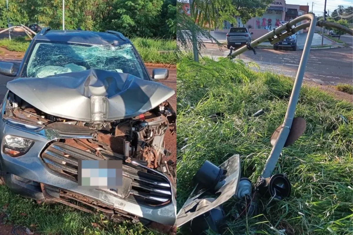 Motorista perde controle, bate caminhonete e derruba semáforo em esquina de parque em Campo Grande