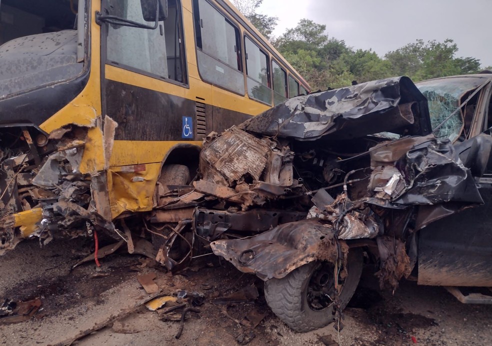Ônibus escolar bate em caminhonete, na BR-464, em Delfinópolis — Foto: Prefeitura de Delfinópolis