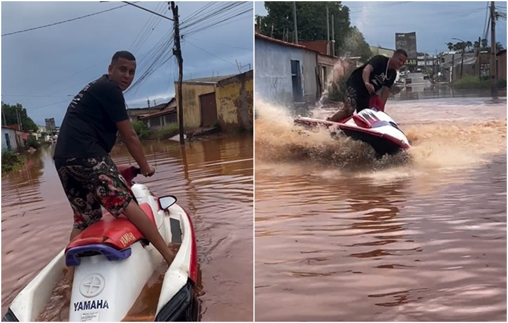 Morador anda de moto aquática em rua alagada, em Goiás; vídeo