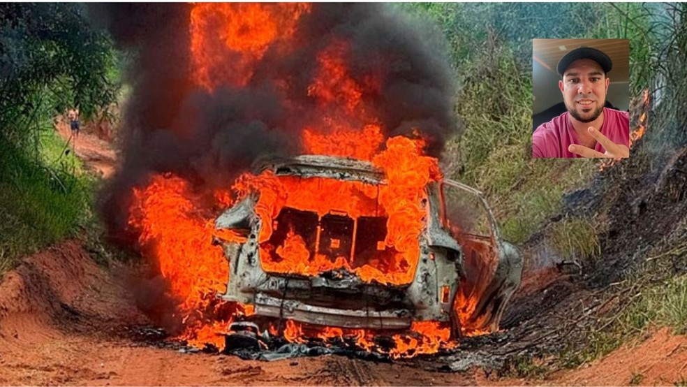 Corpo carbonizado foi encontrado dentro de um Porsche incendiado em uma estrada rural de Pompeia — Foto: NC Pompeia/Reprodução