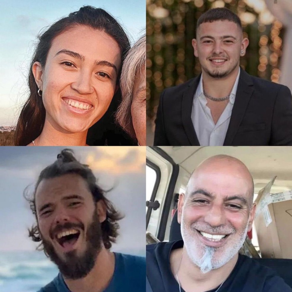 Imagem dos quatro reféns do Hamas resgatados pelo Exército de Israel em 8 de junho de 2024. — Foto: Forças Armadas de Israel