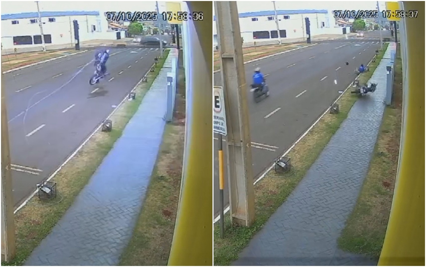 Motociclista é arremessado após ser atingido por fio solto; vídeo impressionante