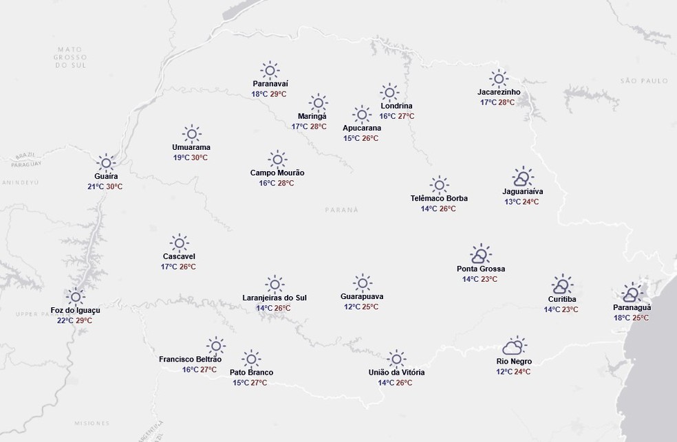 Previsão para terça-feira, 6 de janeiro — Foto: Reprodução/Simepar