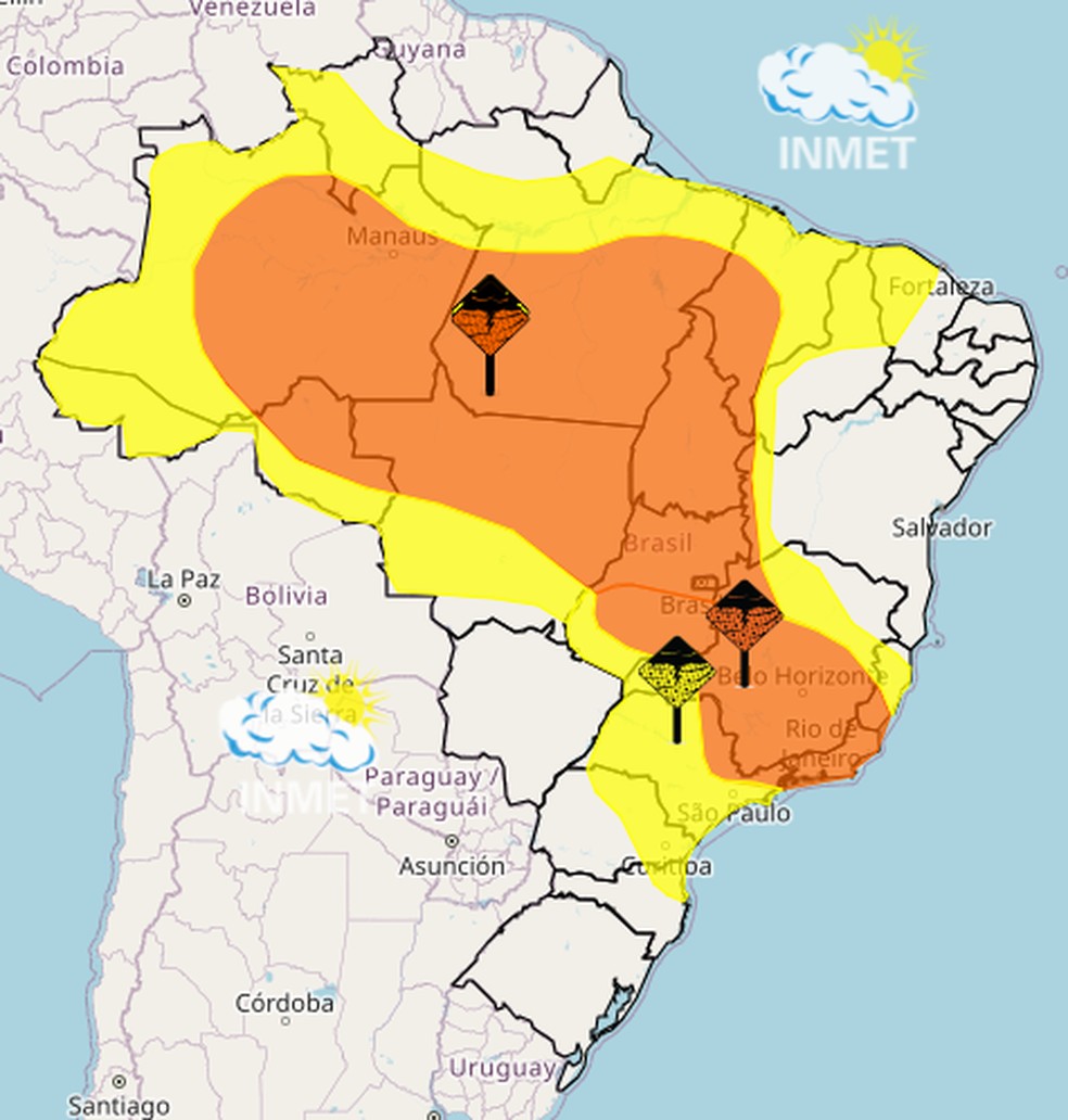 Mapa mostra as regiões com avisos de perigo para tempestades no fim de semana. — Foto: INMET