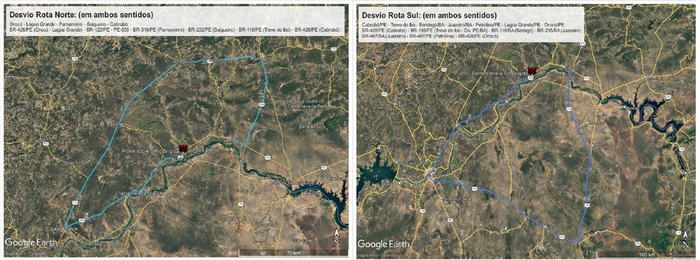 Rotas alternativas Norte/Sul da ponte sobre o Rio Brígida, em Orocó — Foto: Reprodução/Google Earth/ PRF/ Montagem g1