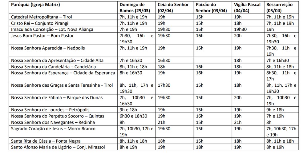 Programação das missas em Natal — Foto: Divulgação