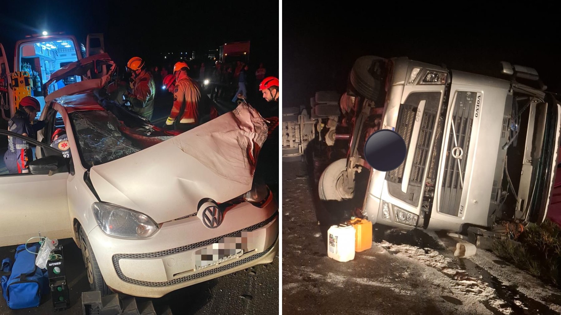 Casal de idosos fica preso às ferragens após carreta tombar, deslizar na pista e atingir carro deles, no Paraná